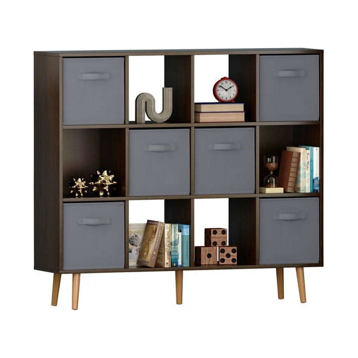 RUseeN 4Tier Wooden Bookcase, 6 Nonwoven Drawer & 6 Cube Storage