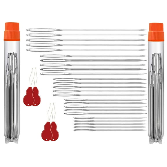 RUseeN 50 PC Large Eye Sewing Needles with 4 Threaders, 5 Sizes Hand Sewing Needles, Leather Needle Embroidery Thread Needle, Stainless Hand Quilting Needles with Threaders for Hand Sewing Art Crafts