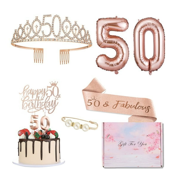 RUseeN 50th Birthday Gifts for Women, Including 50th Birthday Crown and Birthday Sash, Birthday Cake Topper, Balloons and Candle Set 50th Birthday Decorations Women - Rose Gold