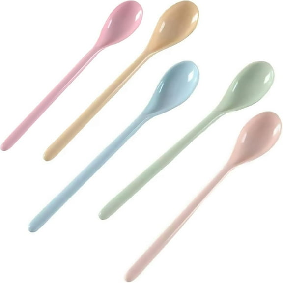 RUseeN 5Pcs Melamine Long Handle Mixing Spoon 7.2 Inch, Coffee Spoons Colorful Plastic Latte Machiatto, Tall Iced Tea, Ice Cream Sundae, Cocktail, Hot Chocolat Stirring Longdrink Spoons