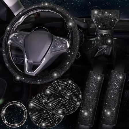 RUseeN 7 PCS Bling Diamond Car Accessories for Women, Sparkly Rhinestone Steering Wheel Cover, Bling Seat Belt Cushion, Glitter Shift Knob Cover, Car Cup Holder Coaster, Cute Interior Sets Black