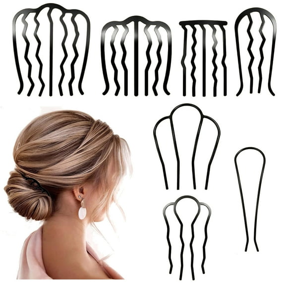 RUseeN 7 Pcs Metal Hair Fork French Twist Comb for Updo Bun, U Shape Hair Pin Hair Clips Combs for Women Hair Accessories, Black