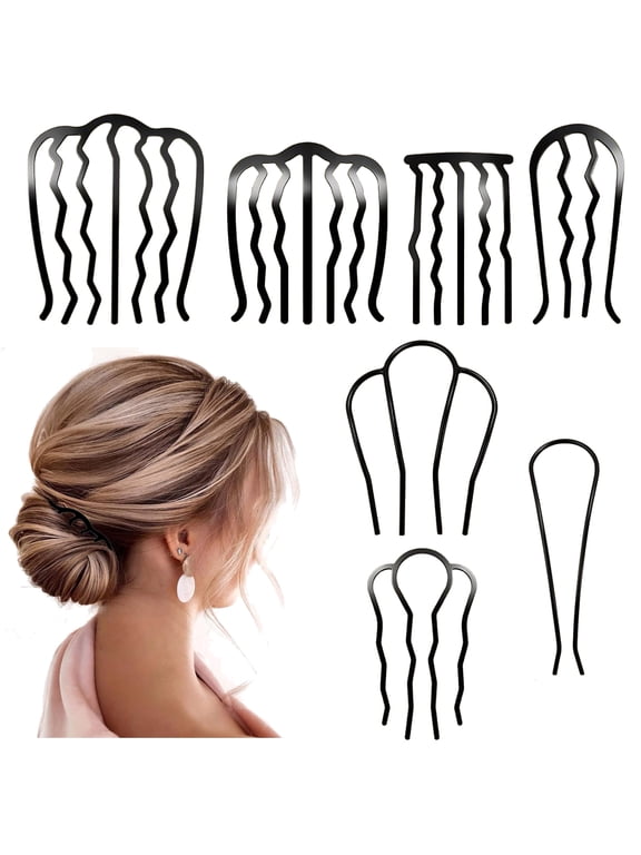 7 Pcs Metal Hair Fork French Twist Comb for Updo Bun, U Shape Hair Pin Hair Clips Combs for Women Hair Accessories, Black