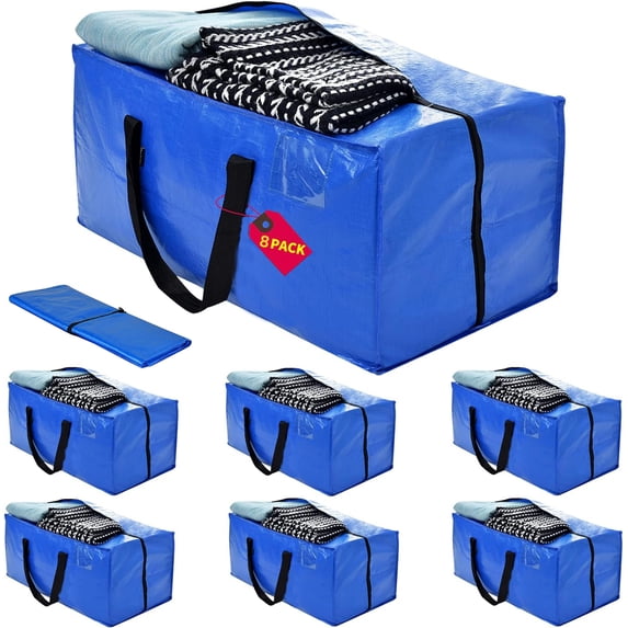 RUseeN 8-Pack Heavy Duty Extra Large Moving Bags W/Reinforced Handles & Zippers, Storage Totes for Space Saving, Alternative to Moving Box, Packing & Moving Supplies - Blue