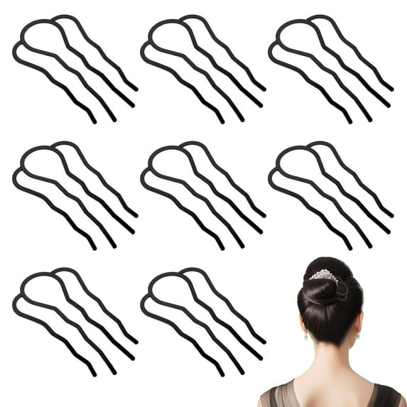 RUseeN 8 Pcs Hair Side Combs, Hair Fork Clips, Pins, French Twist Updo Accessories, U Shape Teeth Styling Tool for Vintage Hairstyle Women Girls Bun , Black