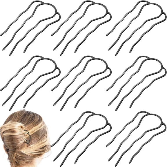 RUseeN 8 Pieces Hair Side Combs, Metal Hair Fork Clip French Twist Comb for Updo Bun, Teeth Hair Pins U-Shape Hair Sticks for Women Hair Styling Tool Accessories (Black)