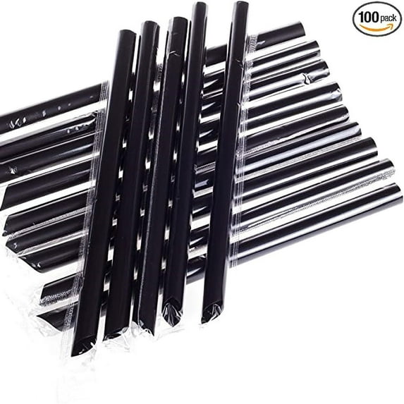 RUseeN,9.4 inch 11mm Diameter Drinking Straws, 100Pcs Individually Wrapped Disposable Plastic Big Boba Bubble Pearls Tea Drinking Straws(Black)