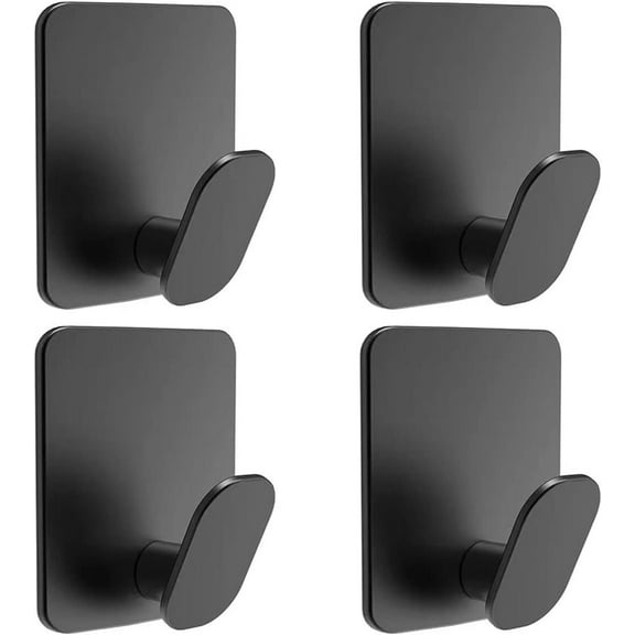 RUseeN Adhesive Towel Hooks No Drill Wall Hooks Stick on Wall Hangers Shower Hooks for Inside Shower Bathrooms Kitchen Door Black -4 Packs