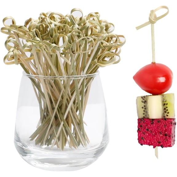 RUseeN Bamboo Cocktail Picks 200 PCS Bamboo Skewers 4.7 Inch with Looped Knot, Food Picks, Party Toothpicks for Appetizers, Cocktail Drinks, Barbecue Snacks, Club Sandwiches