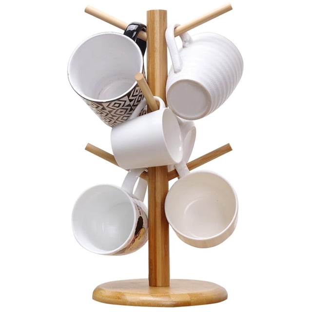 RUseeN Bamboo Kitchen Coffee Storage, Mug Holder Tree with 6 Hooks ...