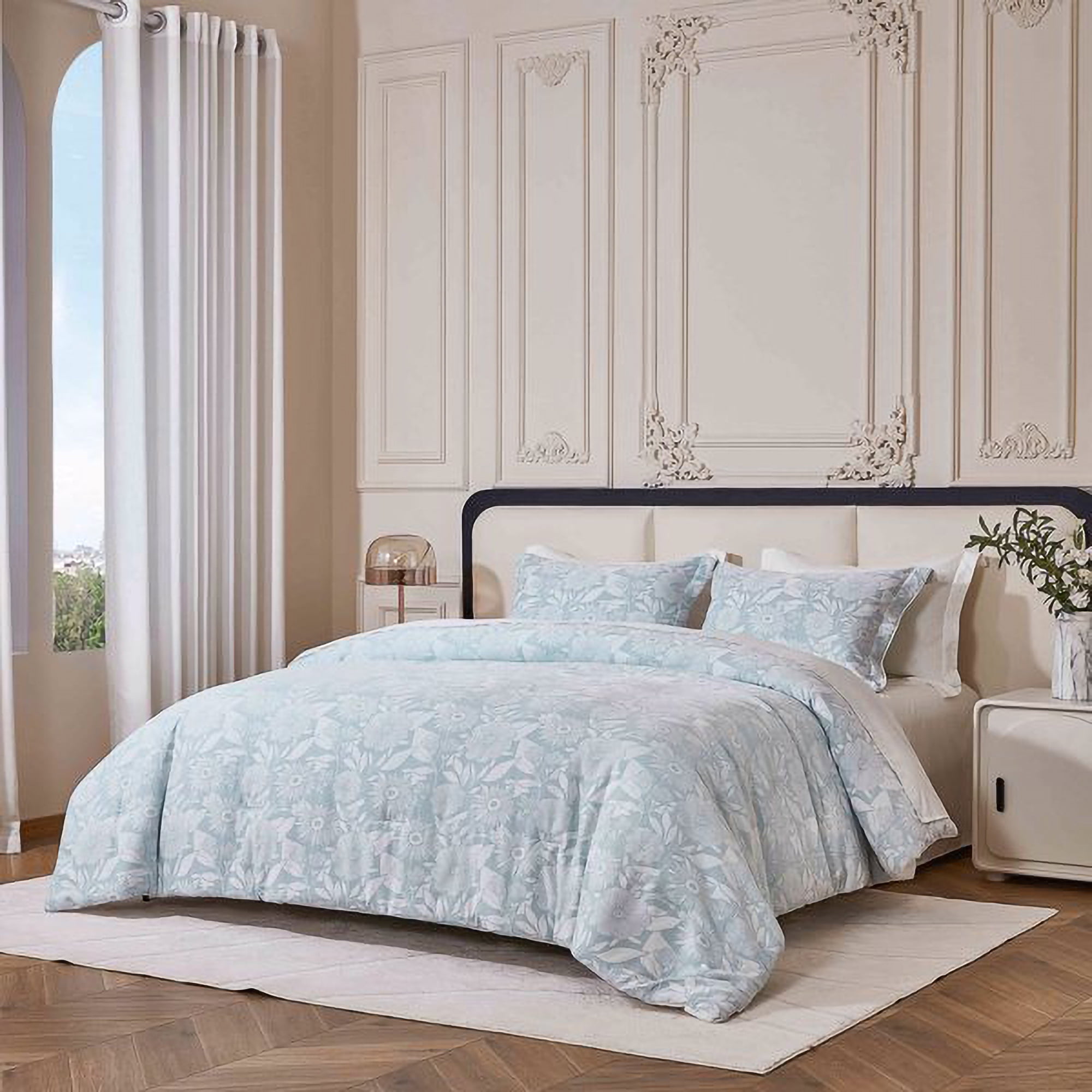 RUseeN Bedding Floral Plant Flowers Printed on Green Comforter Set, 7 Pieces Floral Jacquard