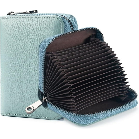 RUseeN Card Case Wallet Leather Pocket Wallet with 20 Card Slots RFID Blocking Credit Card Organizer Zip Card Holder for Women Men, Light blue