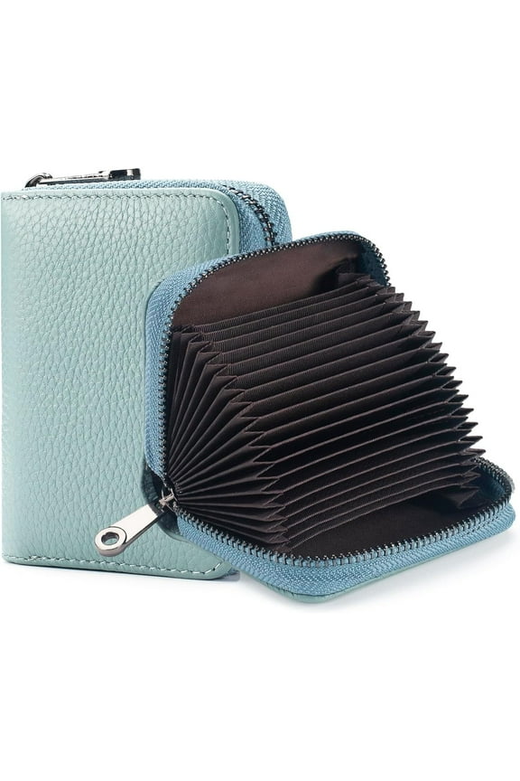 Card Case Wallet Leather Pocket Wallet with 20 Card Slots RFID Blocking Credit Card Organizer Zip Card Holder for Women Men, Light blue
