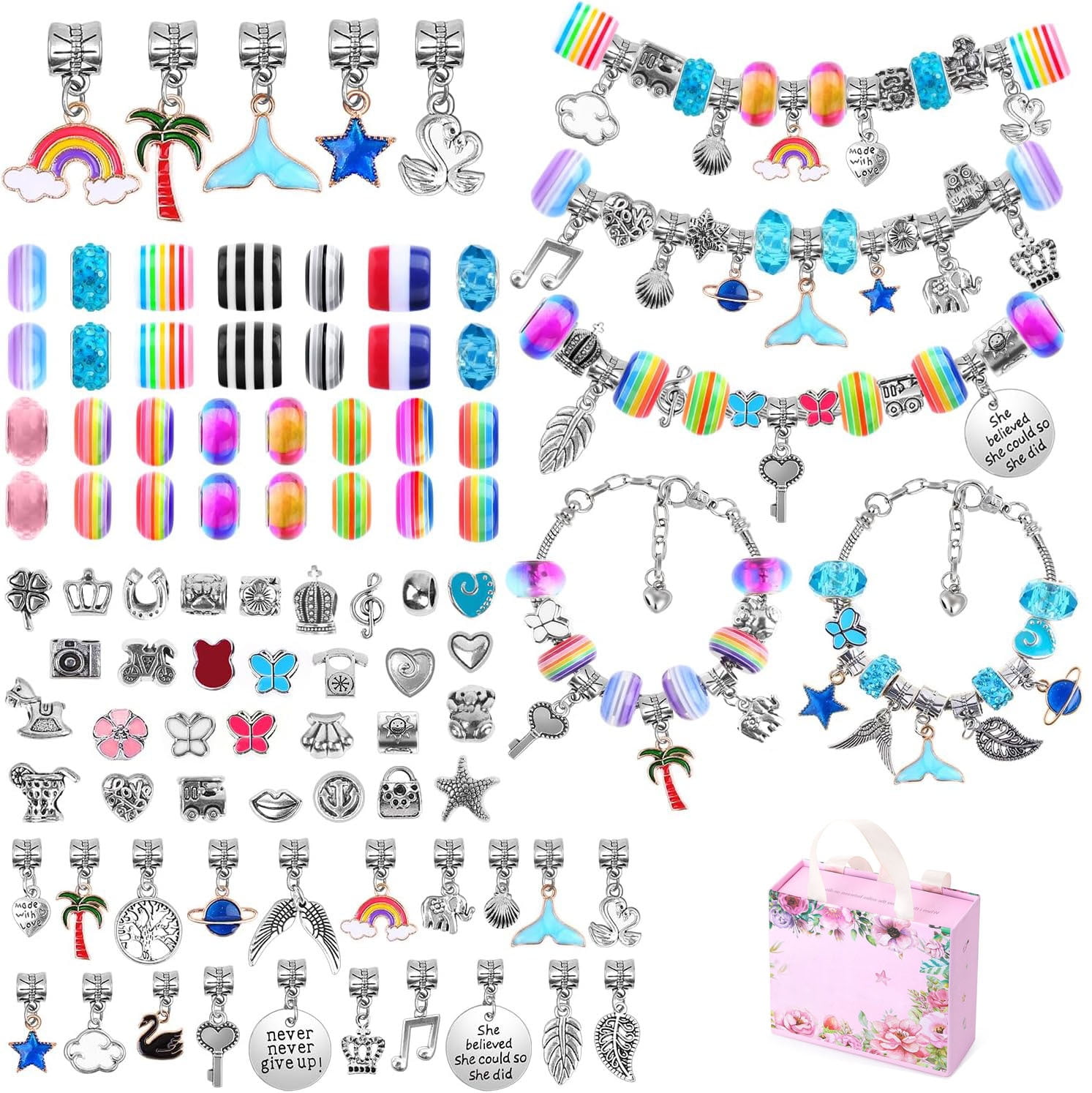RUseeN Charm Bracelet Making Kit - Girls 85 Pcs DIY Beaded Jewelry Making Kit, Gifts for Girls Toys Crafts for Teen Girls Ages 5 6 7 8-12, with Gift Box