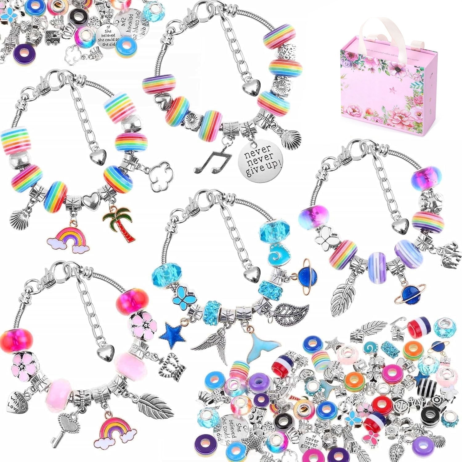 RUseeN Charm Bracelet Making Kit, Jewelry Making Kit Trendy Stuff for Kids Ages 6-12, Toy Cute Stuff for Teen Girls Gifts Birthday Gift, Crafts for Girls 6 7 8 9 10 11 12 Year Old, 85 Pcs