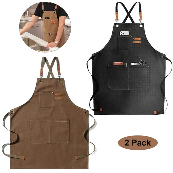 RUseeN Chef Apron, 2 Pack Back Apron for Women and Men, Cotton Canvas Apron with Adjustable Straps and Large Pockets, Kitchen Cooking Baking Bib ApronBlack & Khaki