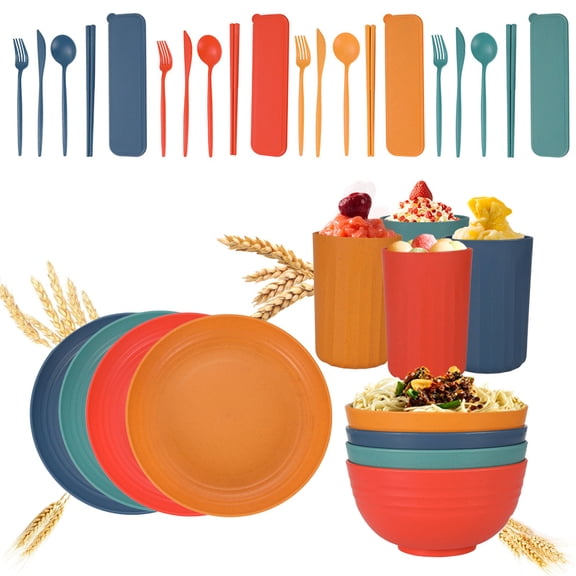 RUseeN Colorful Wheat Straw Dinnerware Sets, 32 Piece Unbreakable Dinnerware Sets, Reusable Wheat Straw Plates and Bowls Sets, Travel Camping Cutlery Set, Dishwasher Microwave Safe Dinnerware