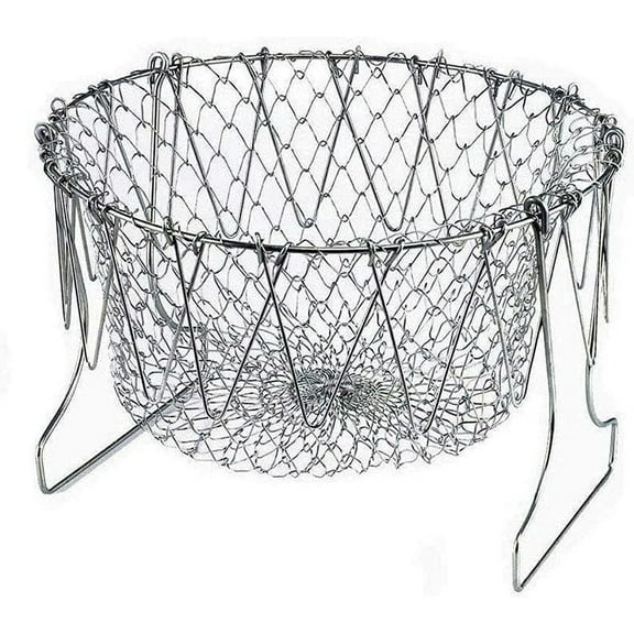 RUseeN Deep Fry Basket, Multi-Function Foldable Chef Cooking Strainer, Stainless Steel, Flexible Kitchen Tool for Fried Food, Washing Fruits, Vegetables