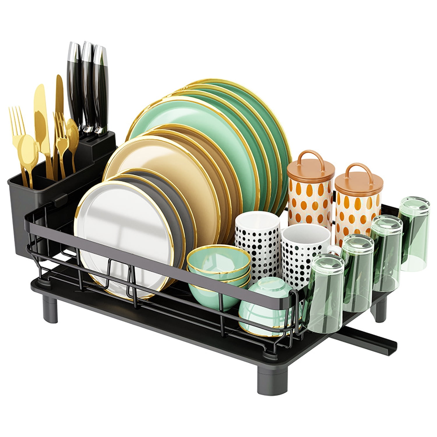 Black Carbon Steel Multi-Functional Dish Drying Rack with Utensil Holder
