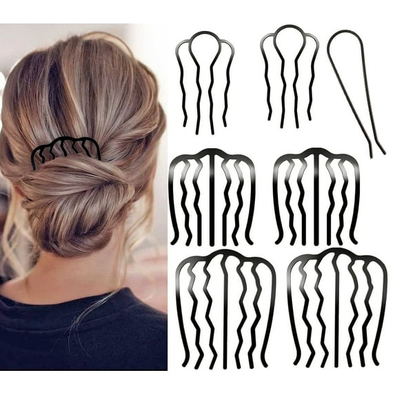 RUseeN French Hair Pin, 7 PCS Black Hair Pins for Women Metal Hair Side Combs, U Shaped Hair Pins for Buns Updos, French Pins Hair Stick Pin Hair Combs for Styling Hairpin Hair Accessories