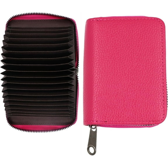 RUseeN Genuine Leather Credit Card Holder Wallet RFID Blocking Secure Card Case ID Case Organizer Zipper Wallet Rose Red