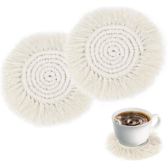 RUseeN Handmade Macrame Coasters for Drinks, Boho Coasters Set of 2, 10" Round Cotton Woven Absorbent Coasters Heat Resistant Wooden Coffee Table Mats Pads for Home Office Bar Farmhouse