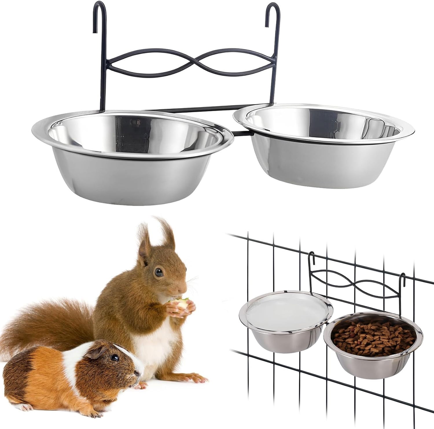 RUseeN Hanging Bird Bowls for Cage, 2 PCS Stainless Steel Metal Pet Food Water Dishes with Holder Feeder Cage Coop Hook Feeder Cups for Birds, Parrots, Small Sized Dogs and Cats (5.1 inch Dia)