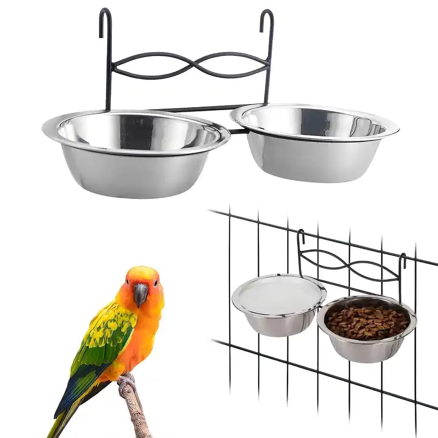 RUseeN Hanging Bird Bowls for Cage 2 PCS Stainless Steel Metal Pet Food Water Dishes with Holder Feeder Cage Coop Hook Feeder Cups for Birds Parrots Small Sized Dogs and Cats 5.1