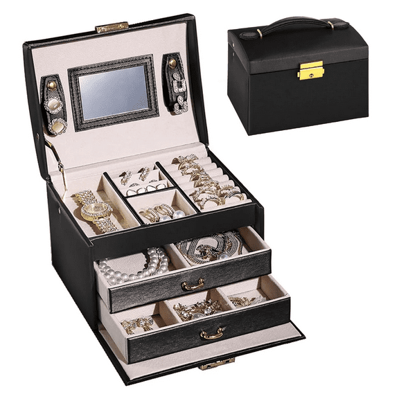 RUseeN Jewelry Box for Women Girl Wife, Jewelry Organizer Box, 3 Layers Jewelry Storage Organizer for Earring, Ring, Necklace, Bracelets (Black)