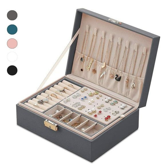 RUseeN Leather Jewelry Box - Snap On Jewelry Box for Women Girls,Jewelry Organizer Storage Case with Two Layers Display for Earrings Bracelets Rings Watches - Gray