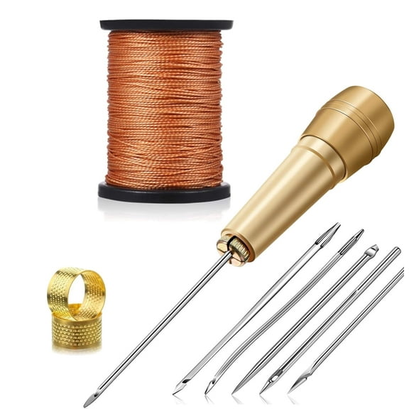 RUseeN Leather Sewing Awl Kit Includes Leather Needle with Copper Handle, Leather Sewing Working Tools with Multiple Types of Needles, Waxed Thread and Thimble for DIY Leather Craft