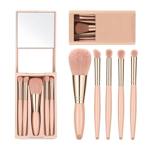 RUseeN Makeup Brushes with Case, 5 PCs Travel Makeup Brush Set, Foundation Concealer Blush Eyeshadow Brush Set with Mirror, Pink