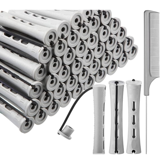 RUseeN Perm Rods Set for Short Natural Hair 60pcs Gray Plastic Cold Wave Rods Hair Curling Rollers with Steel Pintail Comb Rat Tail DIY Hairdressing Tools
