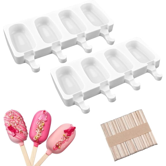 RUseeN Popsicles Molds Set of 2, Silicone 4 Cavities Oval Popsicle Cake Pop Molds for Homemade Cakesicles, with 40 Wooden Popsicle Sticks & Bags