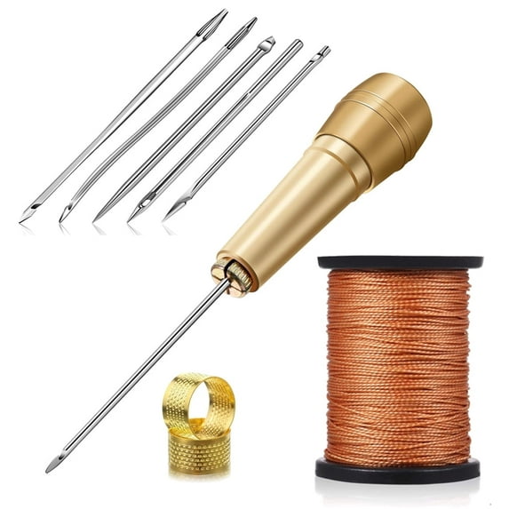 RUseeN Portable Canvas Leather Sewing Awl and Needle Kit with Nylon Waxed Cord Thread Thimble Assortment Kit, Copper Handle Leather Sewing Tools Sewing Awl for Leather, Shoe and Repair