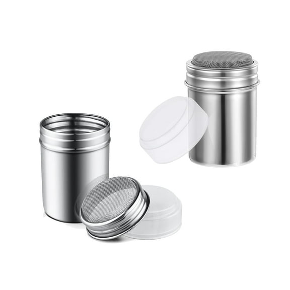 RUseeN Powder Sugar Shaker, 2 Pcs Stainless Steel Powdered Sugar Shaker Duster Cinnamon Sugar Shaker, Fine Mesh Shaker Powder Cans with Plastic Lid for Cocoa Pepper Chocolate Coffee Flour Baking Soda