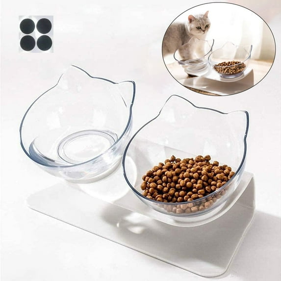 RUseeN Raised Cat Food Bowl with Stand, Cat Food and Water Bowl Set, Elevated Cat Bowl Whisker Friendly Tilted Cat Bowls Anti Vomiting Double Cat Bowls for Kitten