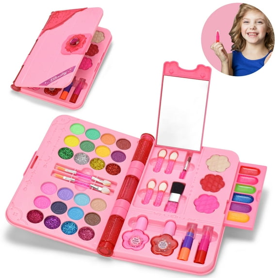 RUseeN Real Kids Makeup Kit for Girl, 48Pcs Safe and Washable Makeup for Kids, Girls Makeup Kit, Toddler Makeup Kit with Cosmetic Case, Girls Toys Age 4-12, Princess Toys Birthday Gifts for Girls