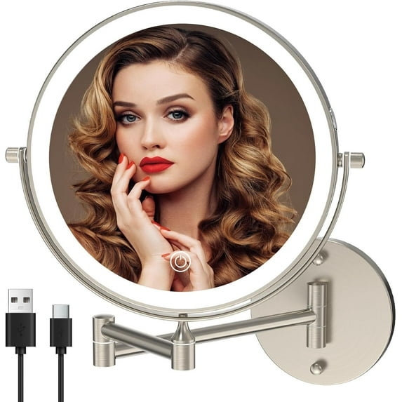 RUseeN Rechargeable Wall Mounted Lighted Makeup Mirror, 8 Inch Bathroom Mirror Double-Sided 1X/10X Magnification 3 Color Lights Dimmable LED Vanity Mirror Touch Screen 360° Swivel Extendable