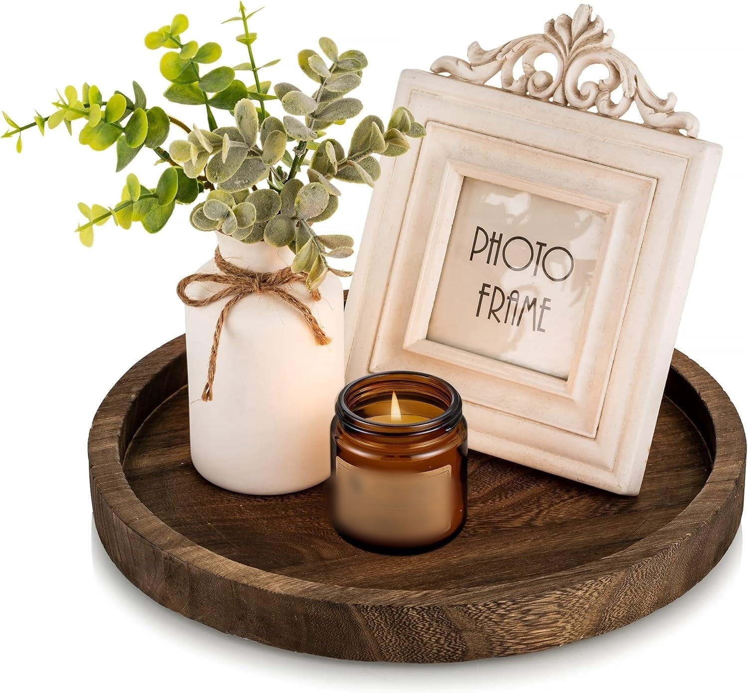 RUseeN Rustic Wooden Tray Candle Holder, Small Round Wood Decorative Plate Pillar Candle Tray for Farmhouse Kitchen Countertop Bathroom Coffee Table Organizer Home Decor Wedding Centerpiece, 11 inch