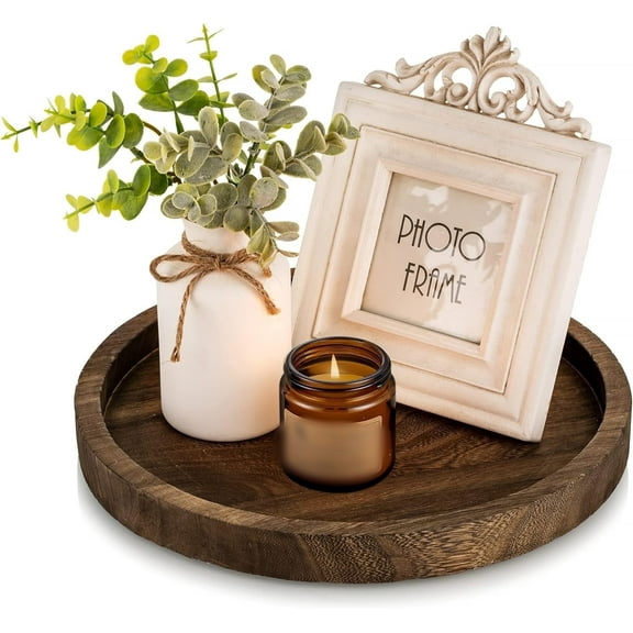 RUseeN Rustic Wooden Tray Candle Holder, Small Round Wood Decorative Plate Pillar Candle Tray for Farmhouse Kitchen Countertop Bathroom Coffee Table Organizer Home Decor Wedding Centerpiece, 11 inch