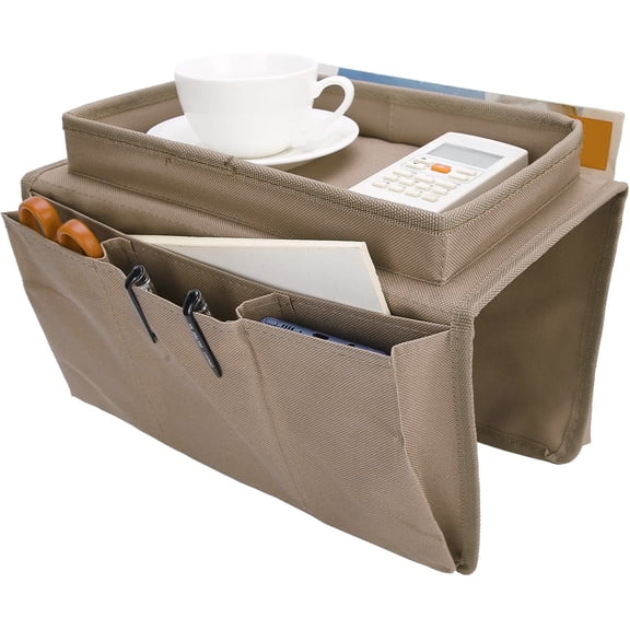 RUseeN Sofa Armrest Organizer with Cup Holder Tray Chair Arm TV Remote Holder for Recliner Couch Armchair Caddy Bedside Storage Pockets Bag for Cellphone Tablet Book Magazines Drinks Pouch, Coffee