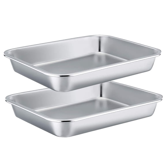 RUseeN Stainless Steel Sheet Cake Pan Set of 2, 9 x 6.7 x 0.98 Inches Small Baking Pan, Rectangular High-Sided Cookie Sheet Pan Fit for Toaster Oven, Non-Toxic & Heavy Duty, Dishwasher Safe
