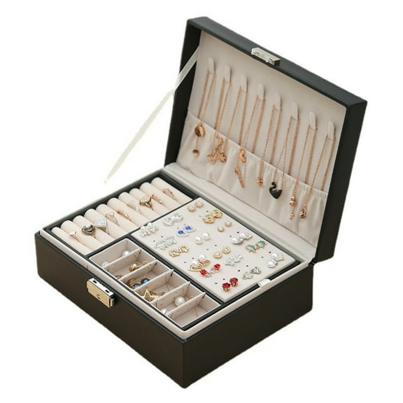 RUseeN Velvet Jewelry Boxes for Women Girls, Jewelry Box Organizer Lockable 2 Layer Travel Case, Earrings Storage with Removable Tray for Women, Men (Black)