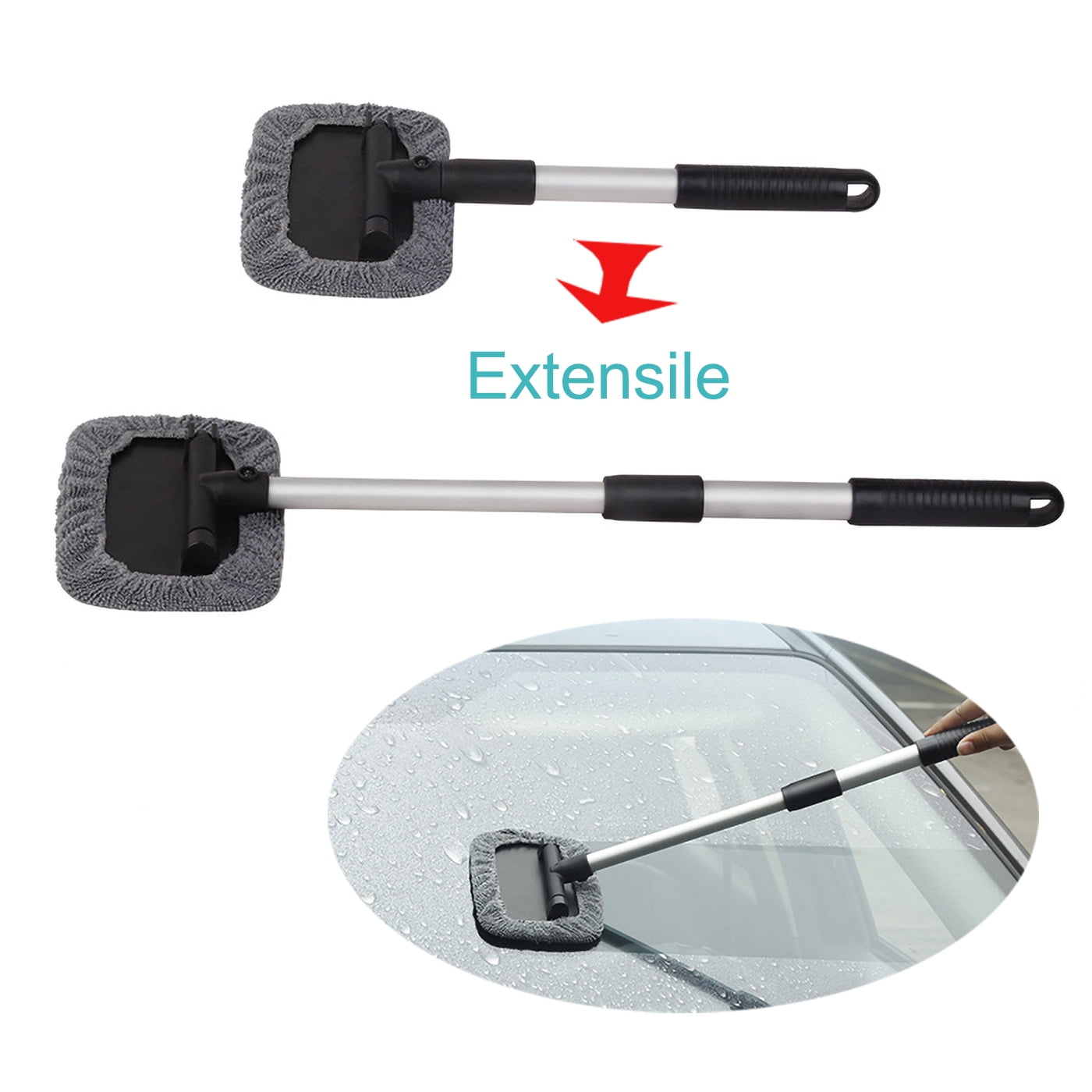 RUseeN Windshield Cleaner, Microfiber Car Window Cleaner with 4 Reusable and Washable Microfiber Pads and Extendable Handle Auto Inside Glass Wiper Kit, Windshield Cleaner Tool, Gray
