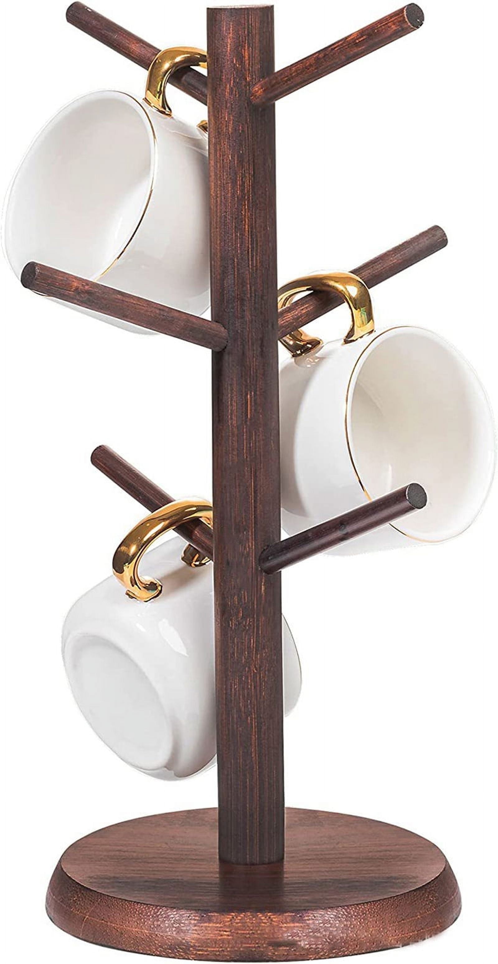 RUseeN Wooden Mug Holder Tree, Coffee Cup Holder, Thicker Base Coffee Cup Holder Stand for Counter, Countertop Organizer, Mug Rack with 6 Hooks, Brown