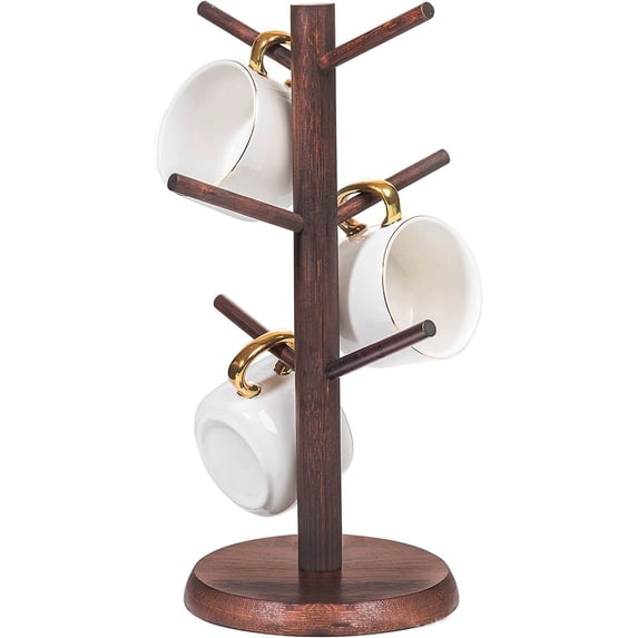 RUseeN Wooden Mug Holder Tree, Coffee Cup Holder, Thicker Base Coffee Cup Holder Stand for Counter, Countertop Organizer, Mug Rack with 6 Hooks, Brown