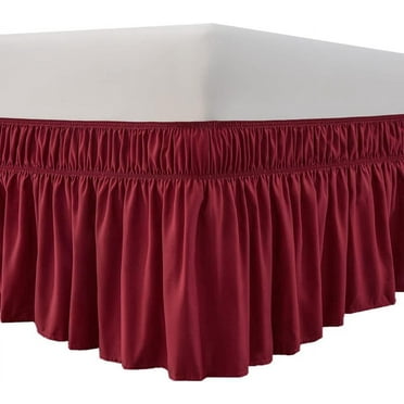 RUseeN Wrap Around Ruffled Bed Skirt with Adjustable Elastic Belt - 15 Inch Drop Easy to Put On, Wrinkle Free Bedskirt Dust Ruffles, Bed Frame Cover for Queen Size Beds, Burgundy