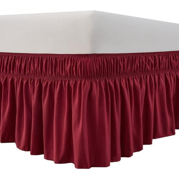 RUseeN Wrap Around Ruffled Bed Skirt with Adjustable Elastic Belt - 15 Inch Drop Easy to Put On, Wrinkle Free Bedskirt Dust Ruffles, Bed Frame Cover for Queen Size Beds, Burgundy