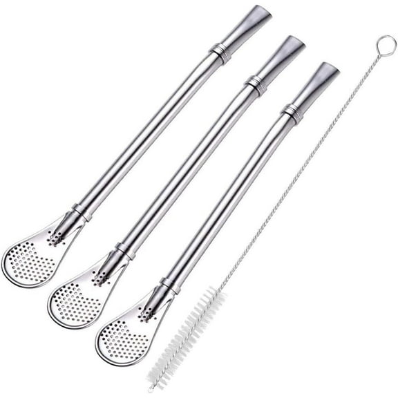 RUseeN Yerba Mate Bombilla Gourd Drinking Filter Straws 304 Food-Grade Stainless Steel 6.1 inch Long Spoon Straws for Mate Tea Set of 3 with Cleaning Brush (silver)